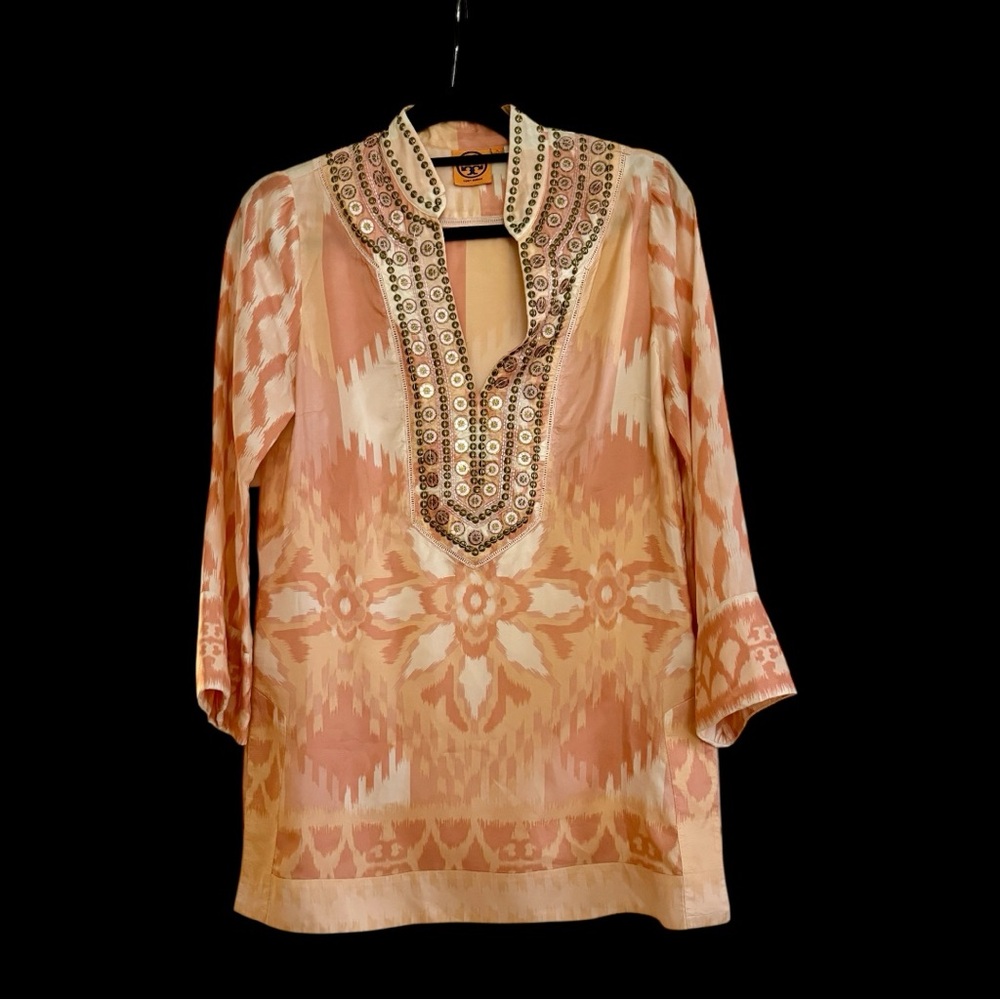 Tory Burch Iveta Peach Beaded Silk Tunic